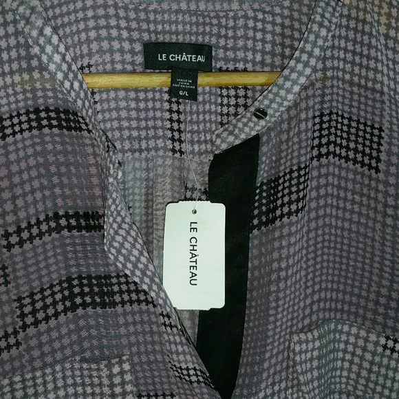 le chateau semi-sheer checked pink / black long sleeve button placket blouse - Picture 3 of 6